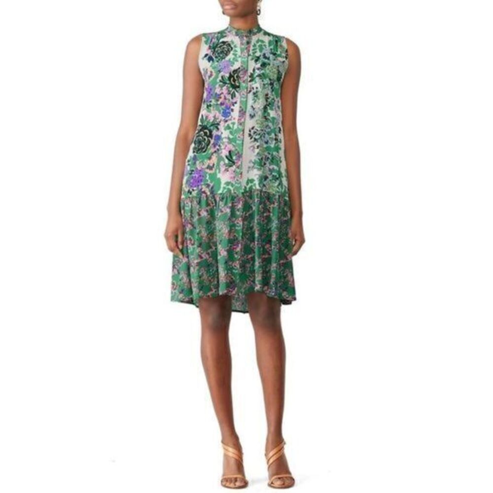 SALONI EUC Tilly-B Printed Mini Green Ruffle Hem Silk Dress  US 4